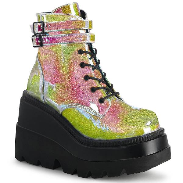 Demonia Women's Shaker-52 Platform Boots - Pink Shifting Glitter Vegan Leather D2810-65US Clearance